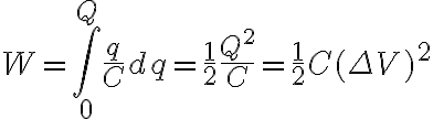 $W=\int_0^Q\frac{q}{C}dq=\frac12\frac{Q^2}{C}=\frac12C(\Delta V)^2$